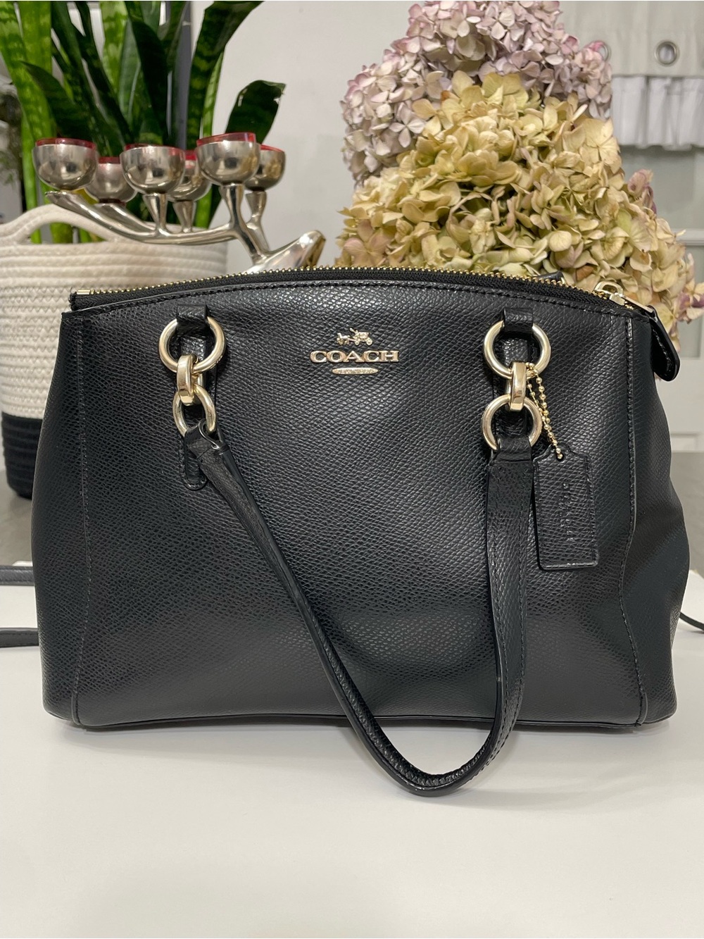Coach Black Pebbled Leather Satchel Crossbody Top Handle Zip Purse Bag